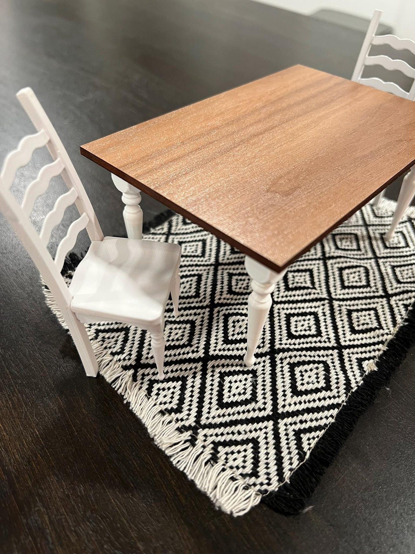 Dollhouse Miniature Knit Blanket or Rug | 1-12 Scale Black/White Diamond Pattern