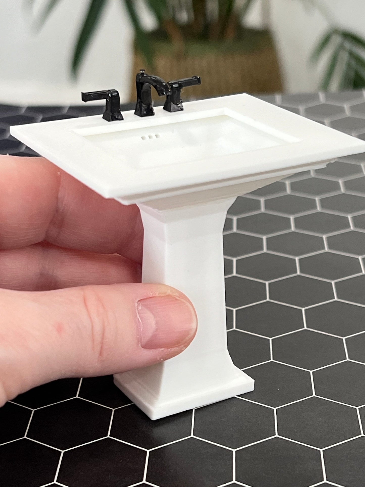 1:12 Scale Miniature Pedestal Town Square Rectangular Bath Sink with 3-Piece Bath Faucet