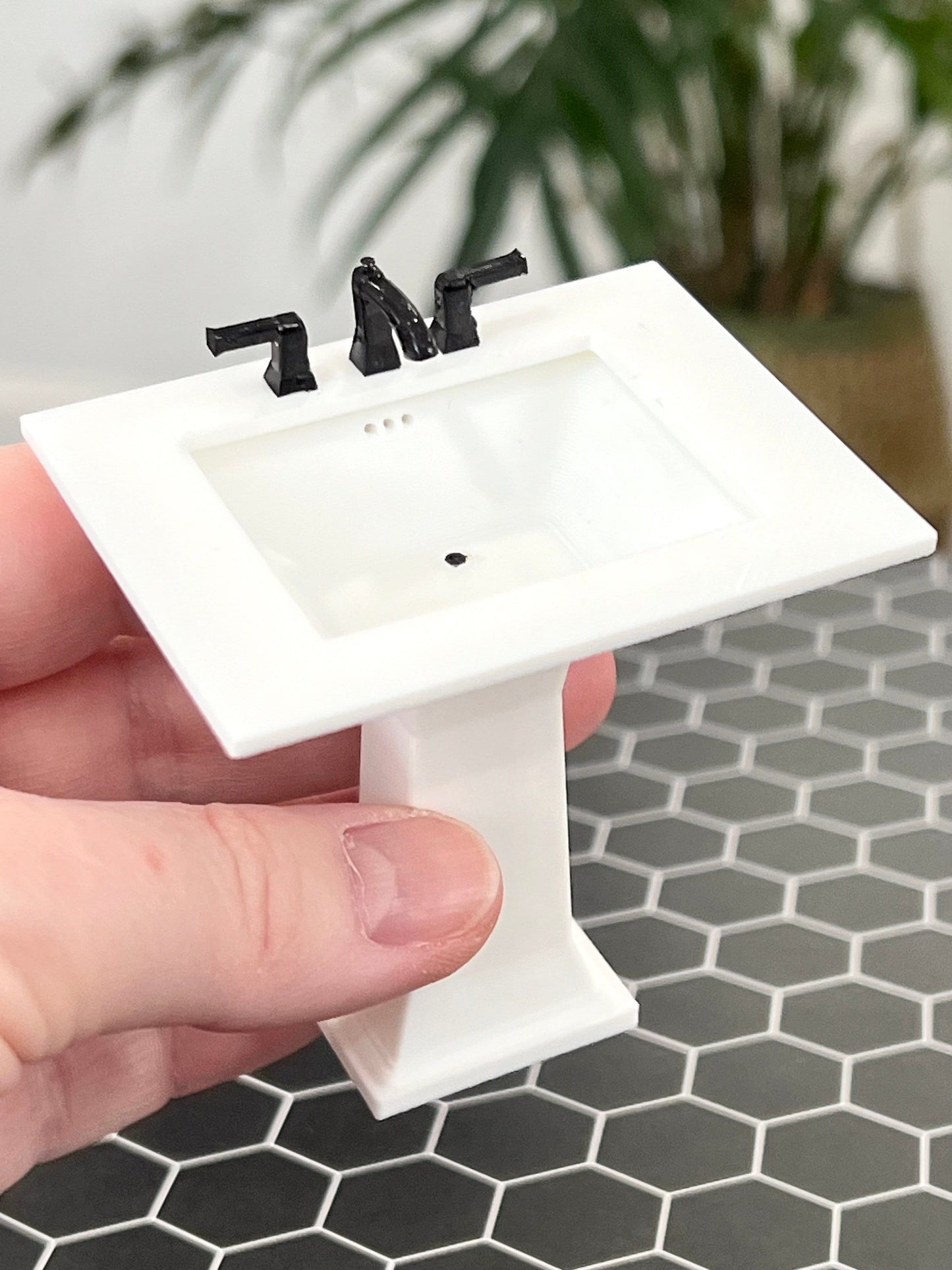 1:12 Scale Miniature Pedestal Town Square Rectangular Bath Sink with 3-Piece Bath Faucet