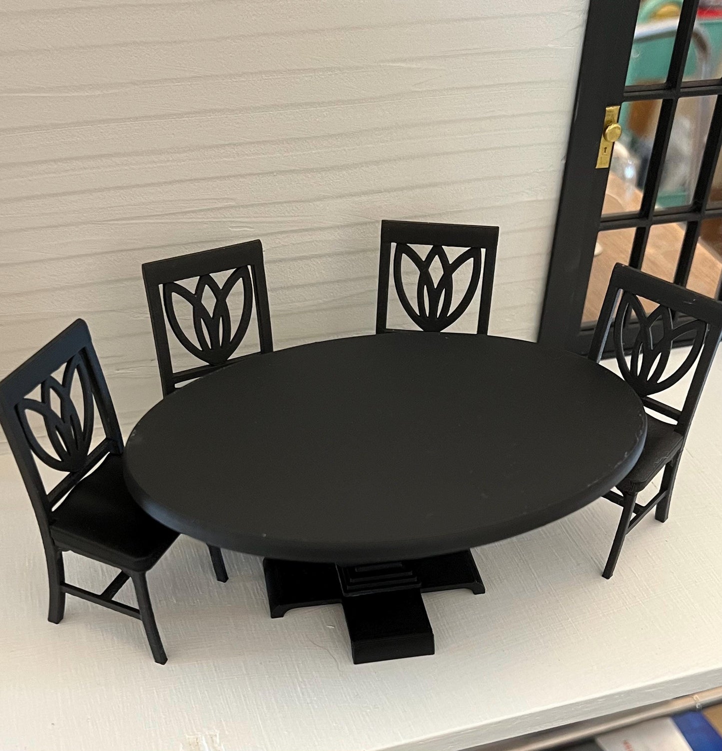 Dollhouse Miniature Contemporary Dining Table | 1:12 Scale Pedestal Table | Modern Miniature 3D Printed Black Table