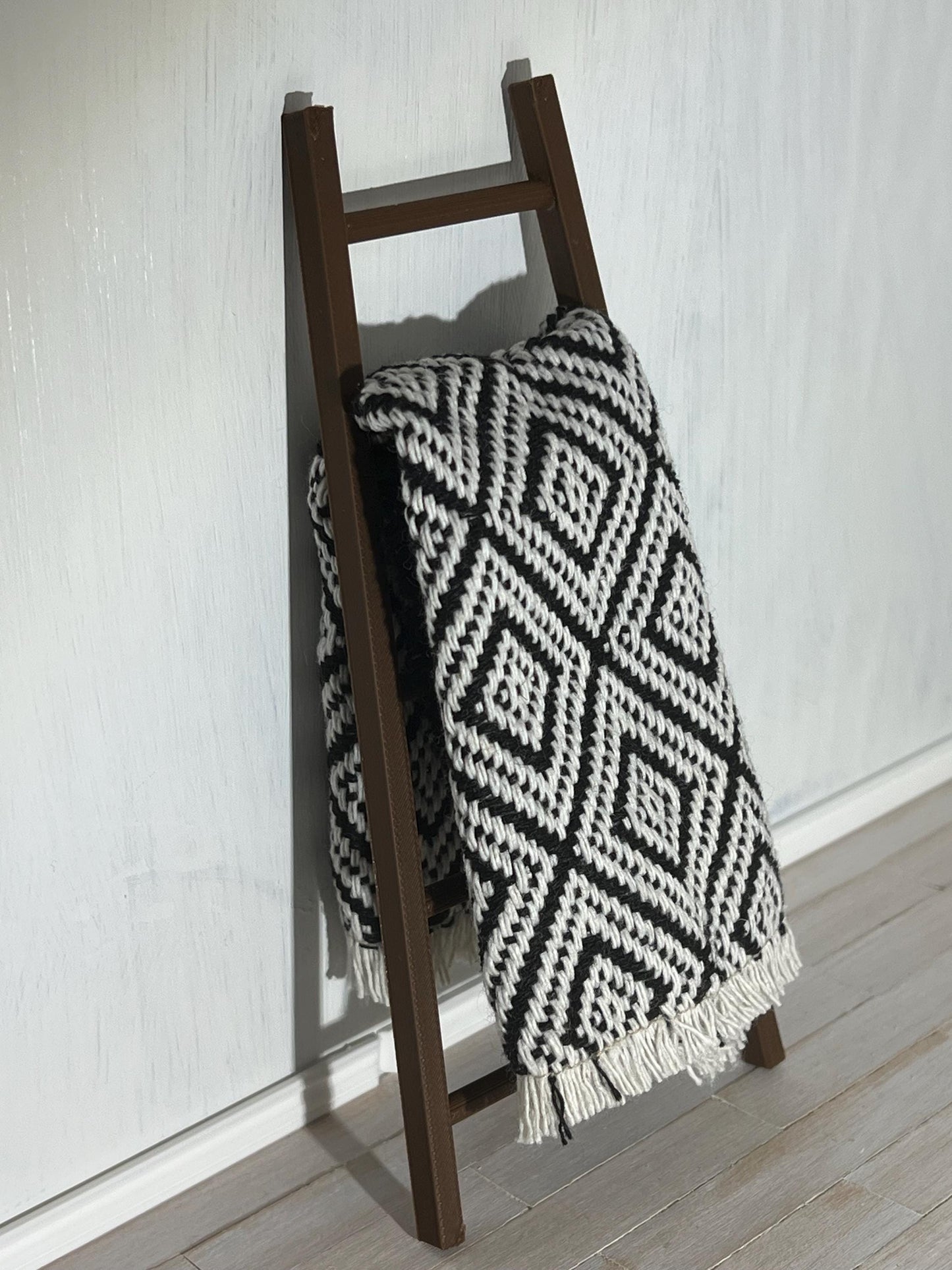 Dollhouse Miniature Knit Blanket or Rug | 1-12 Scale Black/White Diamond Pattern